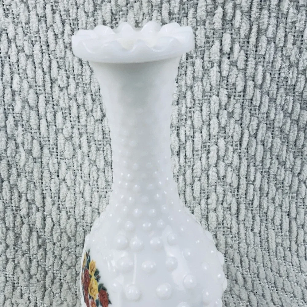 Vintage Hobnail Milk Glass Avon Cologne Bottle Decanter White Floral Flowers EUC